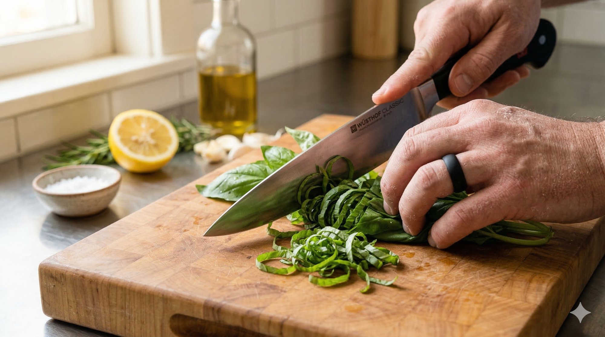 Chef hands preparing fresh basil