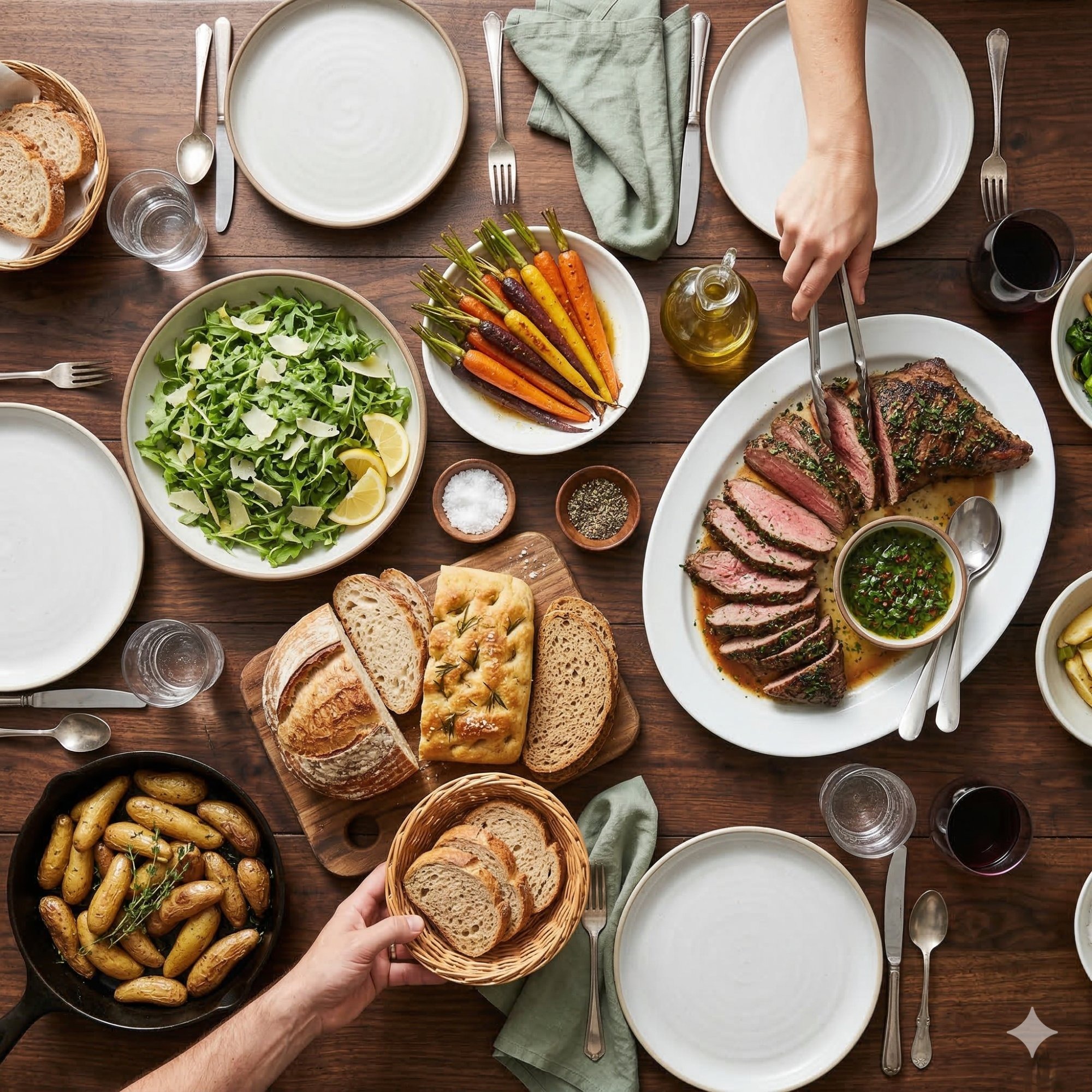 Family-style meal spread overhead view