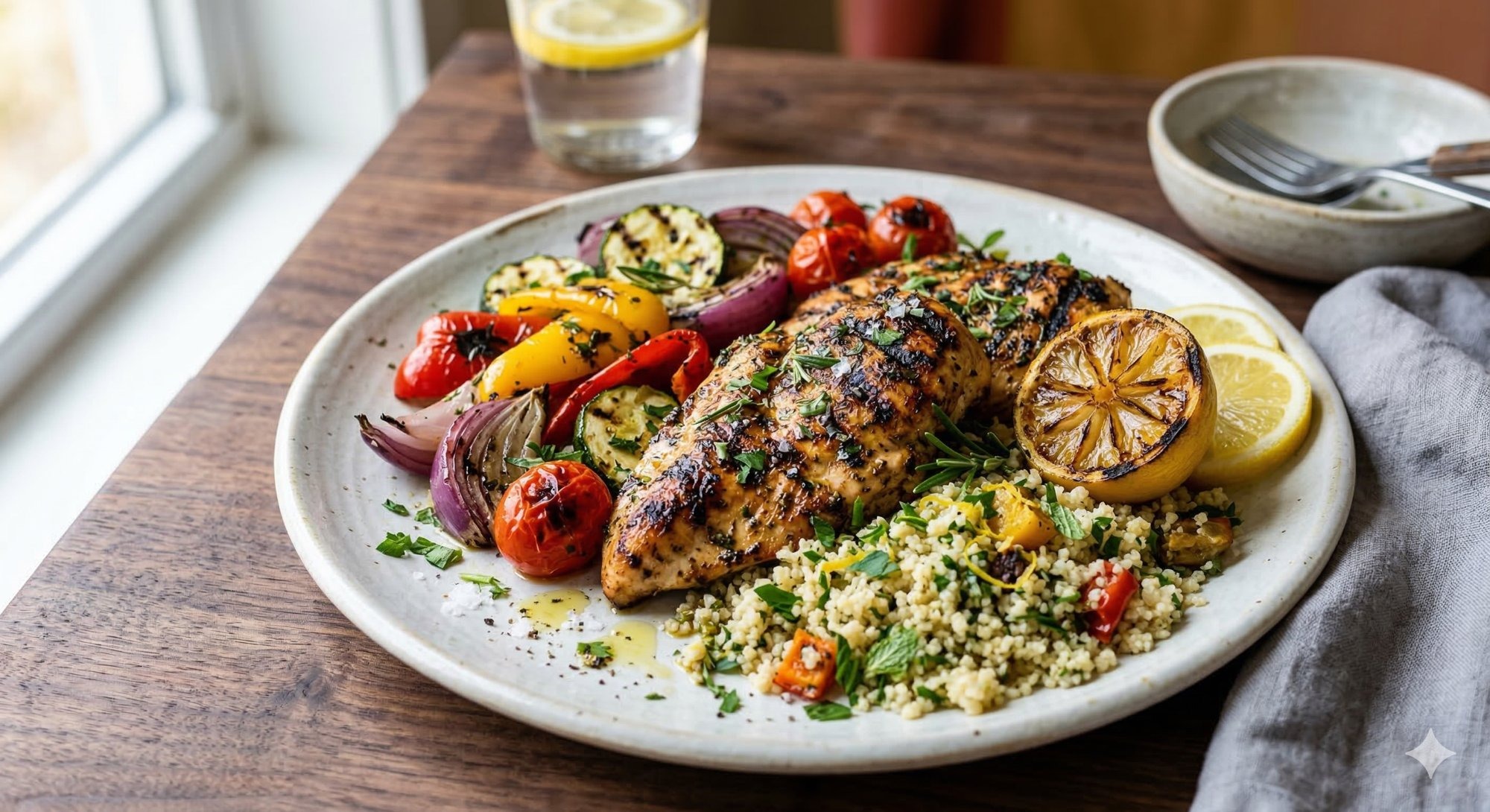 Grilled chicken plated by window