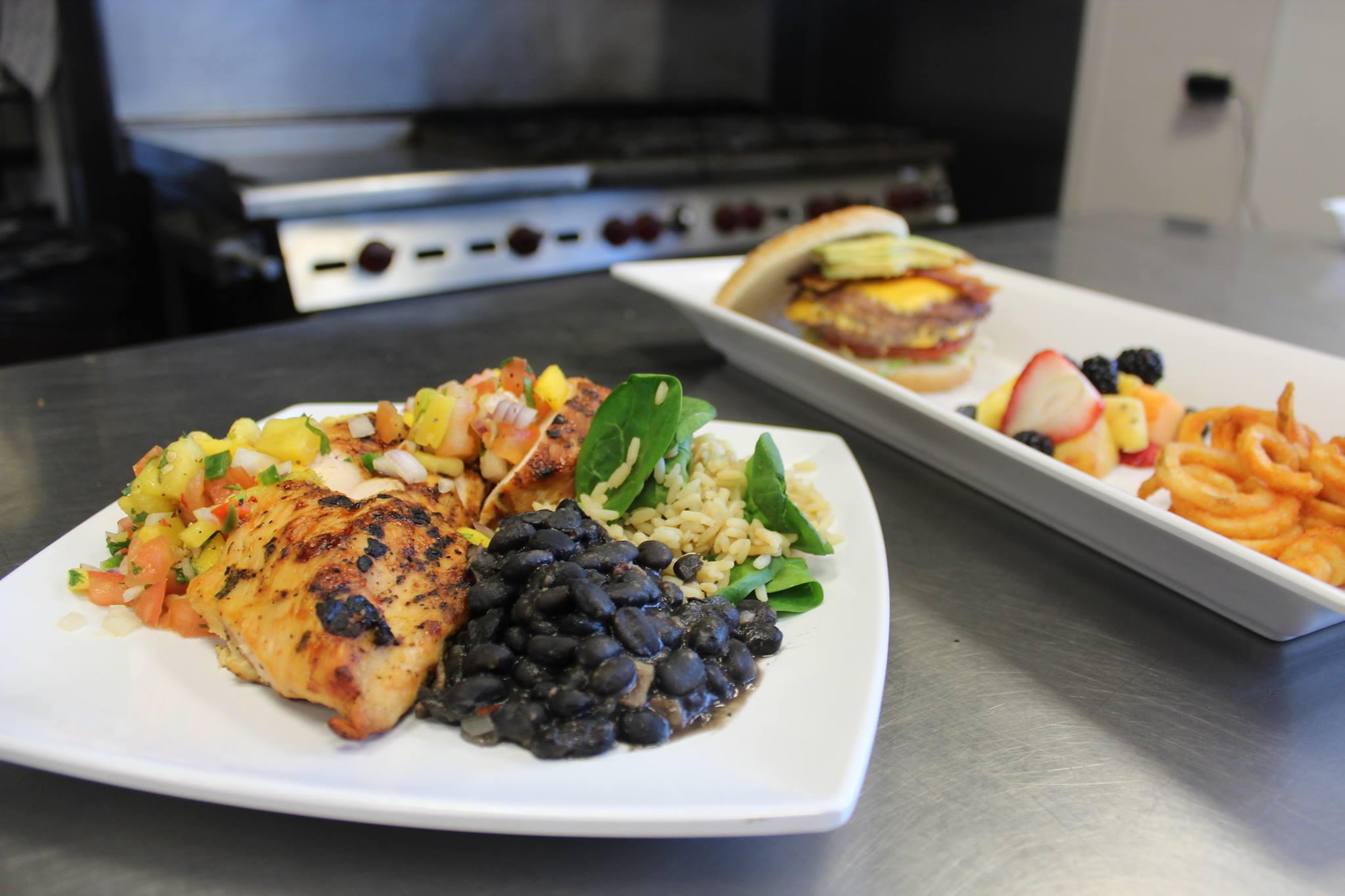 Chef-prepared plates in a professional kitchen