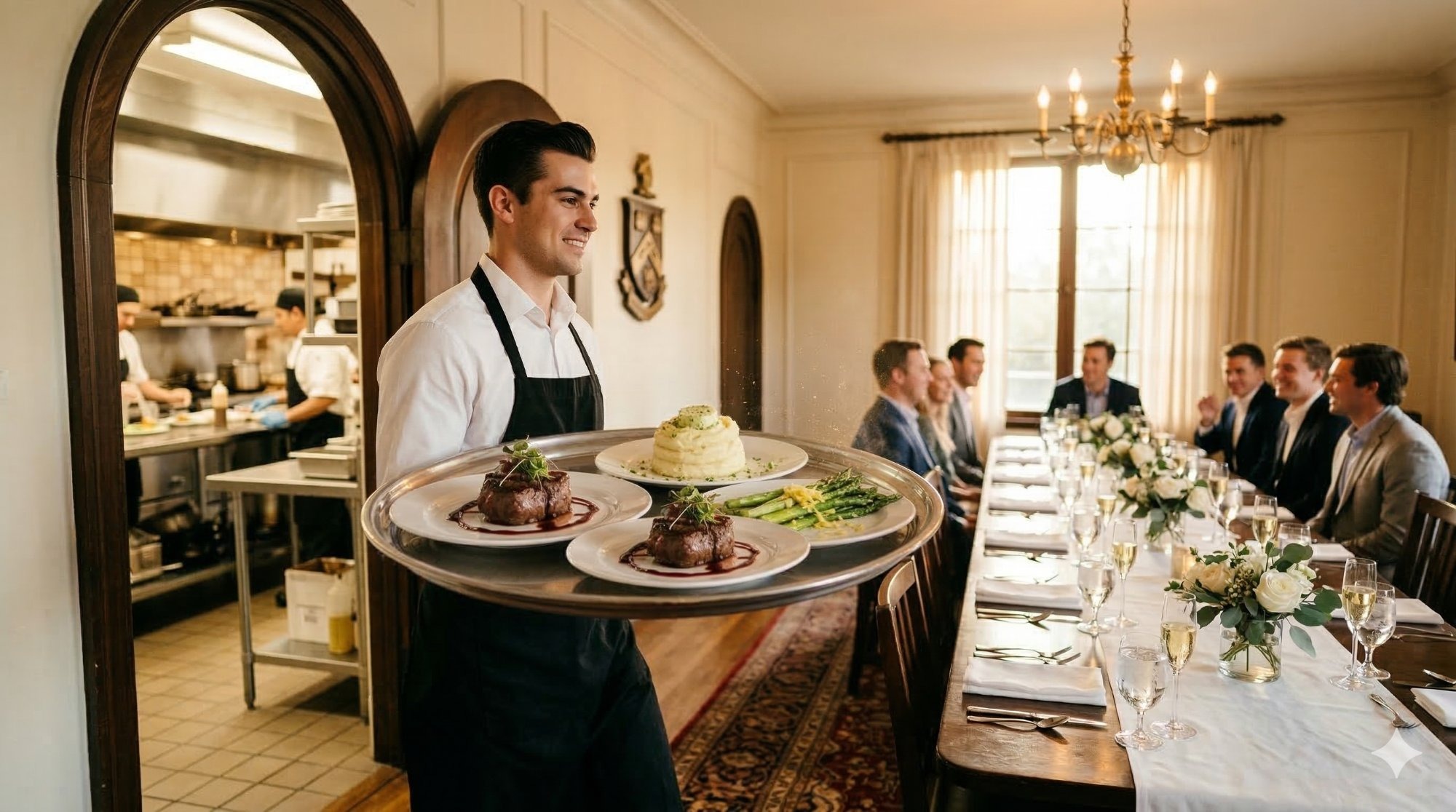 Server presenting plated dinner in a professional setting